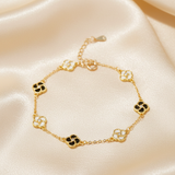 Bracelet fleurs noires - soie froissée champagne