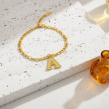 Bracelet initiale doré - pierre travertin + verre ambré